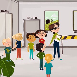 Eine Illustration von Kindern und einer Lehrerin