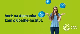 menina à direita sorrrindo, com texto à esquerda você na Alemanha com o Goethe-Institut &copy;    Cursos de alemão online