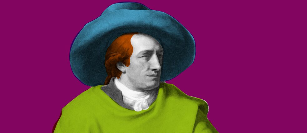 Johann Wolfgang von Goethe Illustration. Mantel grün, Hintergrund violett