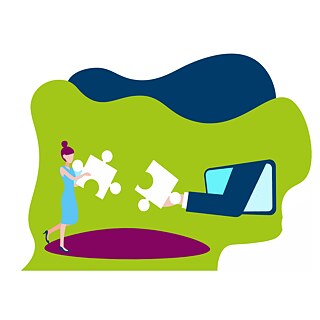 Deux personnes qui ajointer deux pièces de puzzle virtuellement