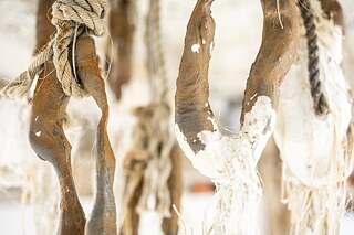 Dominique White, "A Refusal to Be Contained, a Refusal to Die" (2021), Kaolin-Ton, Sisal, Gusseisen, Seile, Kaurimuscheln, zwestörtes Segel, ca. 2.8 x 1.8 x 1m im aqb 2021 