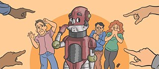 An illustration of people scared of robots