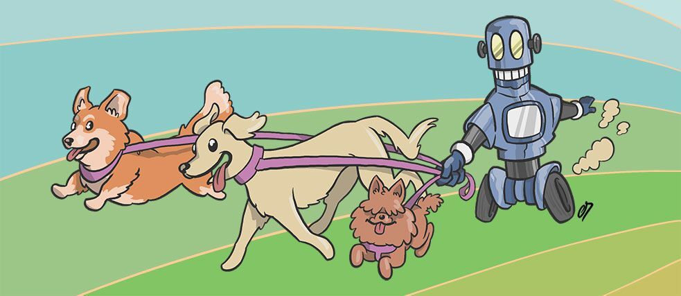 Cartoon eines Roboters, der Hunde ausführt