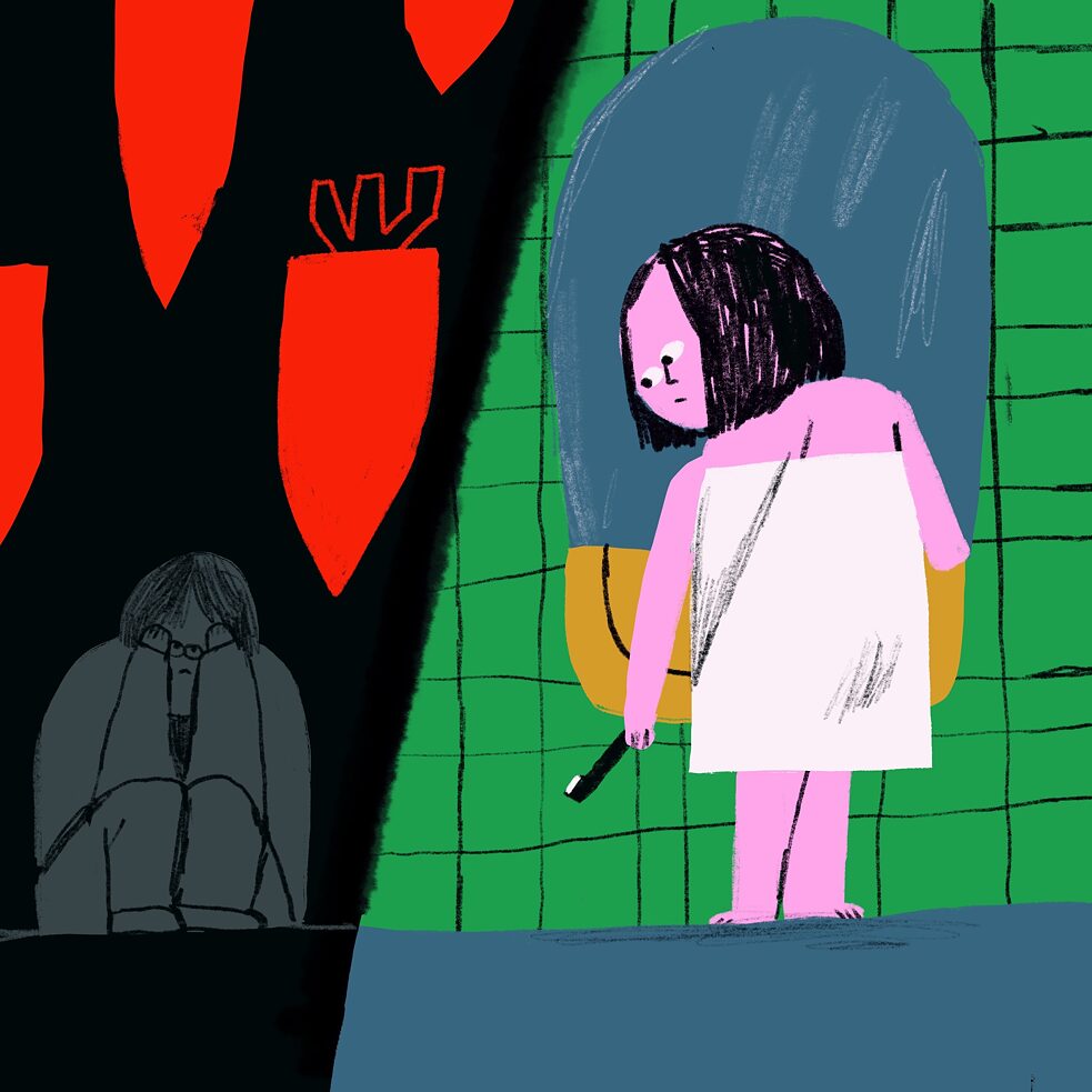 Illustriert: Links eine im Dunkeln sitzende Figur, Bomben in der Luft; rechts eine Person im Badezimmer beim Zähneputzen