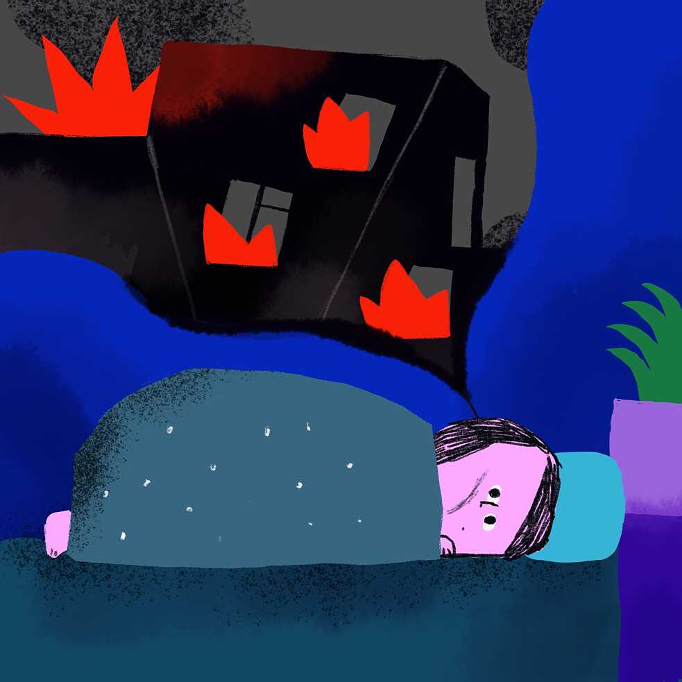 Illustrated: A figure lying in bed, thinking about houses being destroyed