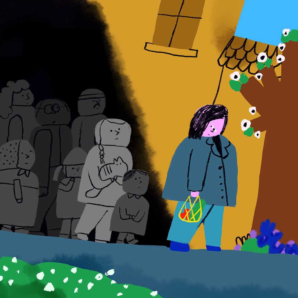 Illustrated: A person going grocery shopping, the sun is shining, on the left hand corner there are black and white figures against a grey backdrop