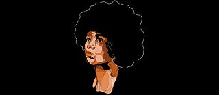 A minimalist illustration by Angela Davis can be seen against a black background. She is looking to her right. 
