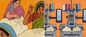 Artisans weaving Nakshi Kantha and recent developments in automati