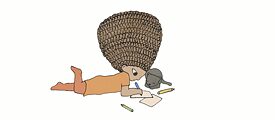 Illustration: A little girl with piled up afro hair lying on the floor with her cat and paints. 