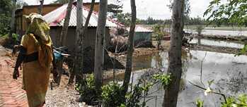 A woman walks past partially destroyed houses and flooded fields. 