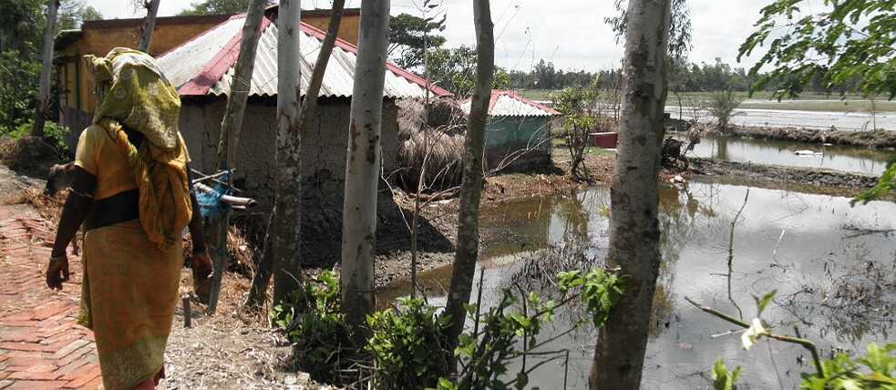 A woman walks past partially destroyed houses and flooded fields. 