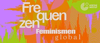 The key visual of the festival " Frequencies. Sharing Feminisms". Diverse fonts and bright colors visualize the concept of frequencies.