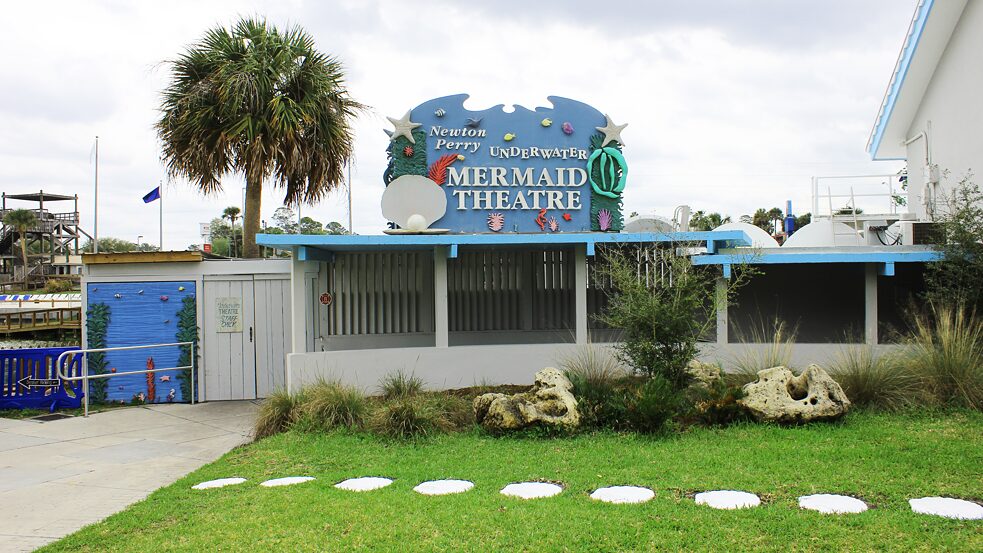 A sign for Newton Perry’s underwater mermaid theater at Weeki Wachee Springs State Park