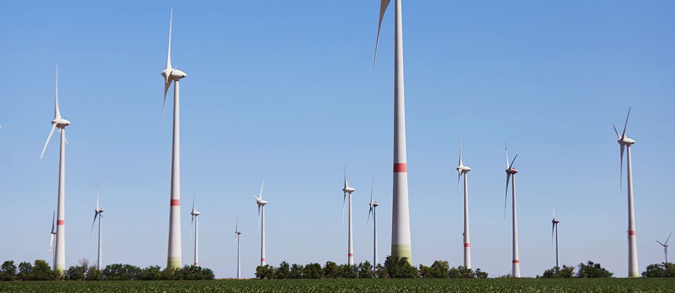 Wind turbines in open field in Feldheim, Germany
