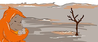 Orang-Utan-Mutter mit Baby vor abgeholztem Regenwald