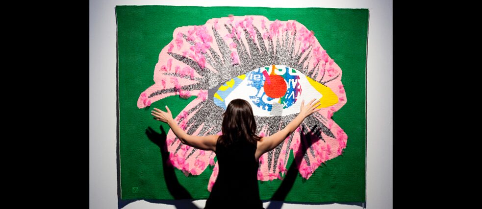 Chicks on Speed, Theremin Tapestry, 2010, wool interwoven with 3 conductive copper wires connected to theremin sensors, cabling, and programmed in MaxMSP to trigger randomised samples, 1.5 x 1.88 m 