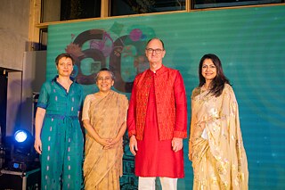 Speakers at the reception: Dr. Kirsten Hackenbroch, director Goethe-Institut Bangladesh, Luva Nahid Chowdhury, Director General Bengal Foundation, His Excellency Achim Tröster, Ambassador of the Federal Republic of Germany to Bangladesh, Nadia Samdani, Co-Founder and President of the Samdani Art Foundation and Director of the Dhaka Art Summit (from left to right)