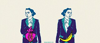 The illustration shows two identical-looking people with suits standing next to each other. They are not looking at each other. A strawberry is shown in front of one person, and a banana in front of the other. 
