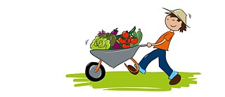 Mann mit Schubkarre mit Gemüse