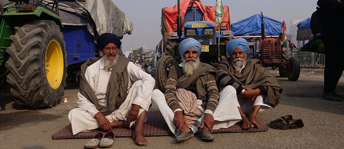 Farmers protest at the Delhi-Haryana Singhu border against the new farm laws in India. 