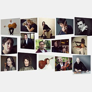 Arka planı beyaz olan bir grafik. Farklı eğimli perspektiflerde üç sıra halinde düzenlenmiş beş fotoğraf. Toplam 15 fotoğrafta, Pharos Oda Müziği Festivali‘ne katılan müzisyenlerin enstrümanlarıyla çekilmiş portreleri görülüyor. Fotoğraflarda ağırlıklı olarak siyah/kahverengi/bej tonları kullanılmıştır.