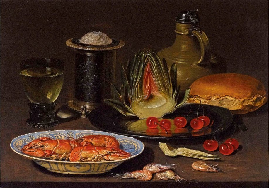 Mahlzeitstillleben mit Flusskrebsen und Artischocke der flämischen Malerin Clara Peeters
