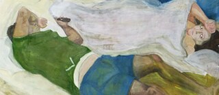 Painting in expressionist style with two prone figures in green and white