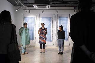 "’Break the rules, smash the patriarchy, I belong too’ - symbolizing these ongoing narratives around feminism, we felt the need for a conversation between the older generation who have fought for our rights and the younger generation of feminists who might be facing new challenges. We all came together to offer a platform to understand their perspectives and their desire to contribute to the cause," opening speech by Dr. Kirsten Hackenbroch, Director, Goethe-Institut Bangladesh (middle) with the representative of the project partner Priya Esselborn, Program Director, Bangladesh (India, Afghanistan), DW Akademie (left) and Ashfika Rahman, Artist and Curator (right) 