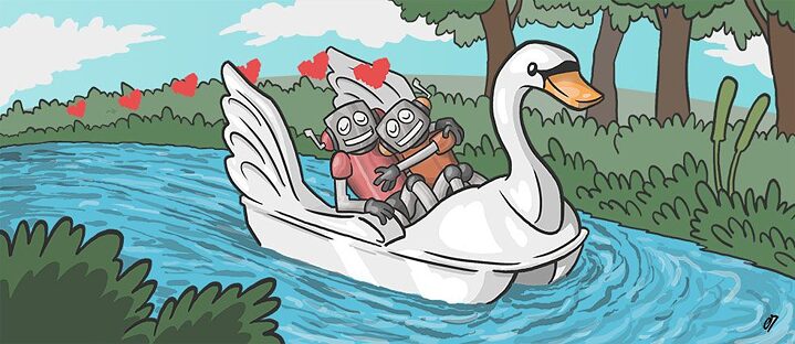 Cartoon of robots in a love boat