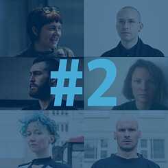 Collage of portrait photos of six podcast participants and the number 5.