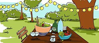 Illustration eines gedeckten Tisches im dekorierten Garten