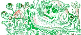 Zu sehen ist eine Zeichnung mit grünem Stift auf weißem Hintergrund mit einigen roten Akzenten. Die Zeichnung zeigt eine Schnecke, deren Schneckenhaus ein menschlicher Totenschädel ist. Die Schnecke ist umgeben von menschlichen Augen und wuchernden Pilzen.
