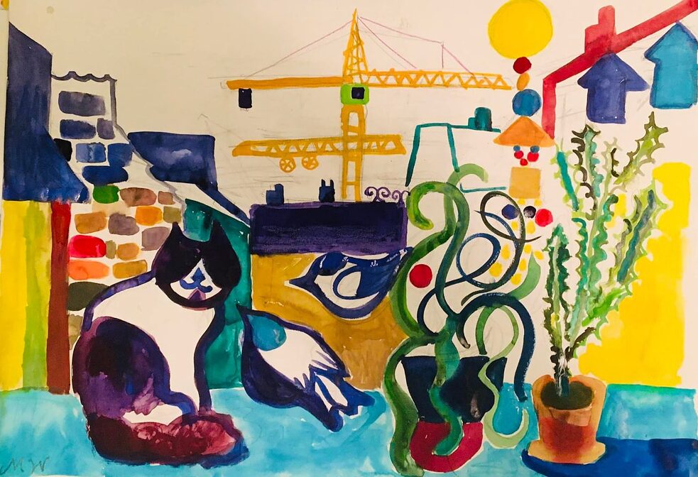 Gemälde von Madelin Wilian, links sitzt eine Katze, rechts sind Pflanzen zu sehen.