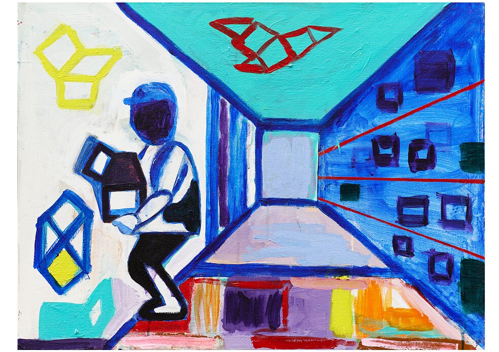 Gemälde von Madelin Wilian, eine abstrakt gemalte Person befindet sich in einem Raum und trägt eine Kiste auf dem Arm.