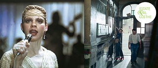 Filmstills aus „Solo Sunny”. Foto links: Sunny (Renate Krößner) singt ins Mikrofon. Foto rechts: Sunny klebt einen Flyer an die Pinnwand im Eingangsbereich eines Gebäudes.