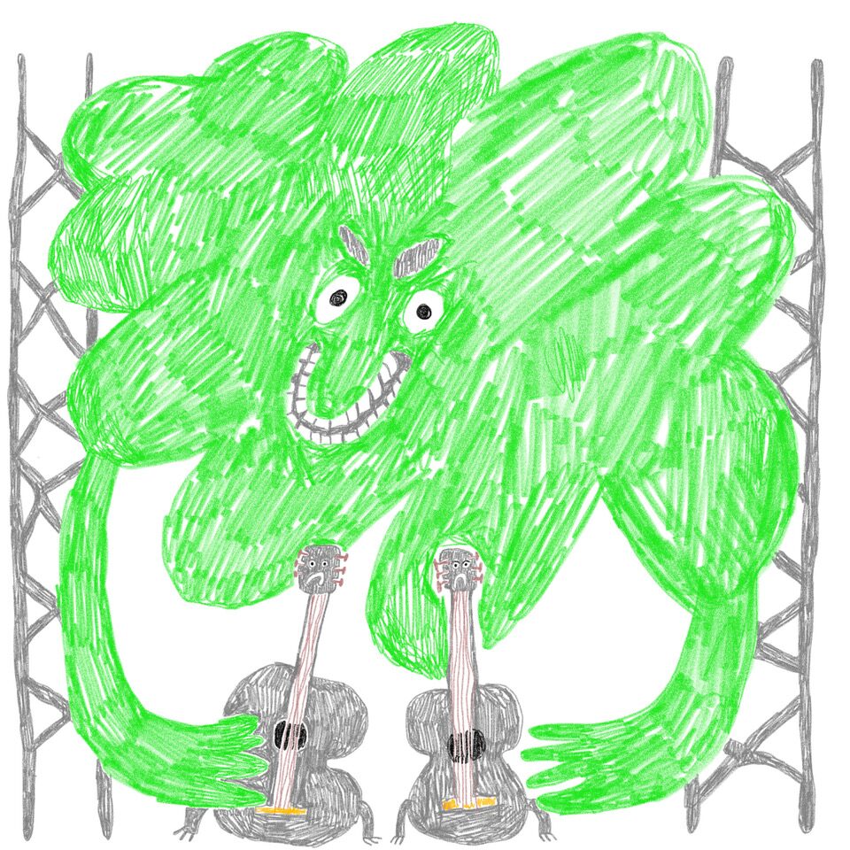 Illustration einer giftgrünen Wolke auf einer Open-Air Bühne, die zwei Gitarren hält