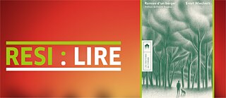 Dessin de couverture de livre: homme et chien regardent un forêt