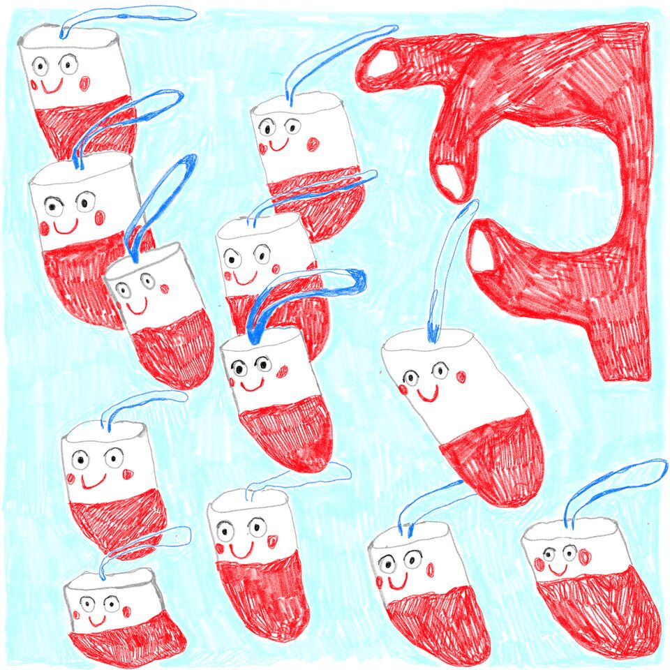 Illustration vieler blutiger Tampons mit lächelnden Gesichtern