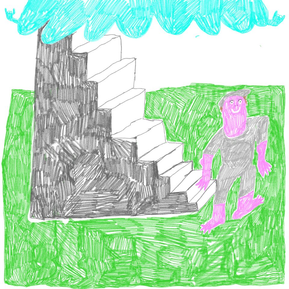 Illustration: eine männliche Figur steht auf einer grünen Wiese und bewacht eine in den Himmel ragende Treppe