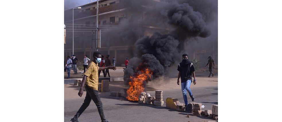 Barricades and burning tyres during the 13th of January 2022 protest against the military coup,  Khartoum. 