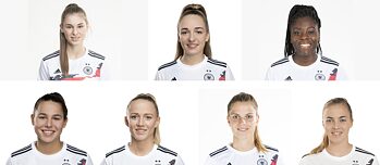 Junge deutsche Fußball-Spielerinnen stellen sich vor. Oben - von links nach rechts: Jule Brand, Sophia Kleinherne, Nicole Anyomi. Unten - von links nach rechts: Lena Oberdorf, Lea Schüller, Tabea Waßmuth, Laura Freigang.