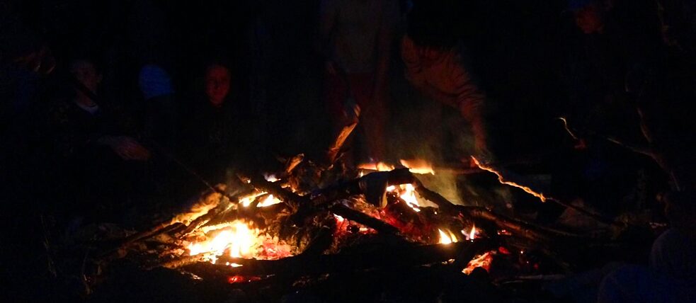 Jugendliche garen Marschmellows über dem Feuer.