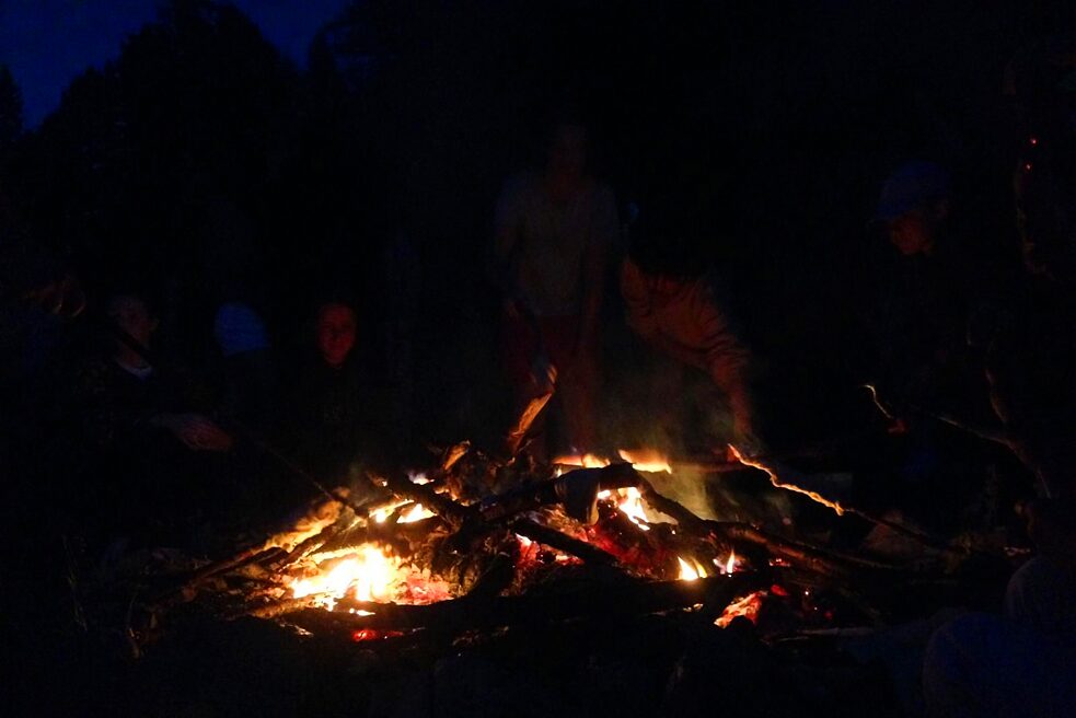 Jugendliche garen Marschmellows über dem Feuer.