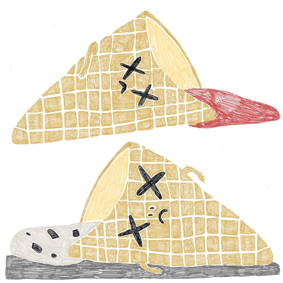 Illustration: Zwei Eiswaffeln mit traurigen Gesichtern liegend, aus ihnen läuft Eis auf den Boden