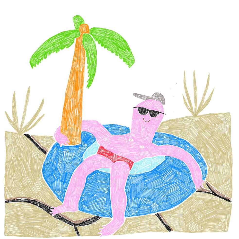 Illustration: Eine Person mit Sonnenbrille sitzt in einem Badering, hinter ihr eine Palme, der Boden zeigt schon Risse aufgrund von Dürre