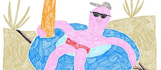 Illustration: Eine Person mit Sonnenbrille sitzt in einem Badering, hinter ihr eine Palme, der Boden zeigt schon Risse aufgrund von Dürre
