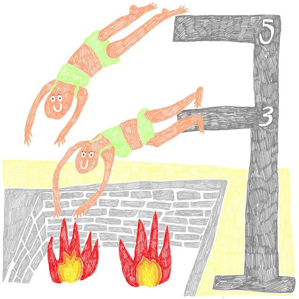 Illustration: Zwei Schwimmerinnen springen von einem Sprungbrett eines Pools, im Pool sind Flammen anstatt Wasser