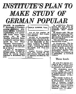 1962 One of the first articles about the Goethe-Institut Malaysia and its efforts to promote German language learning in the host country.