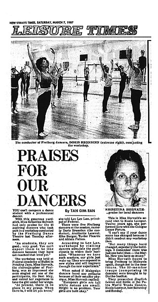 1987 The performance of the Freiburg Dance Theater, with choreographer Krisztina Horváth, was a representative and successful event for the German dance scene. In addition, Ms. Horvath and the workshop leader, Doris Bronninn, were very impressed by the dancers of the Federal Academy of Ballet KL.