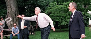 President George H.W. Bush and Russian President Boris Yeltsin at the White House horseshoe pitch, Washington, D.C, 1992. 